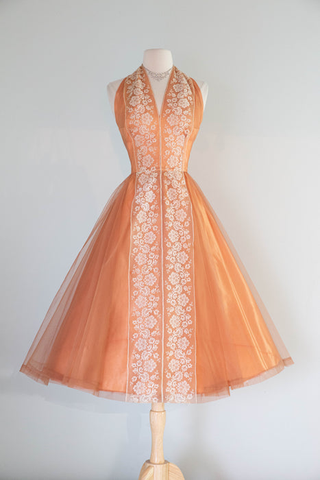 Breathtaking 1950's Couture Cocktail Halter Dress In Satin & Imported Lace / SM