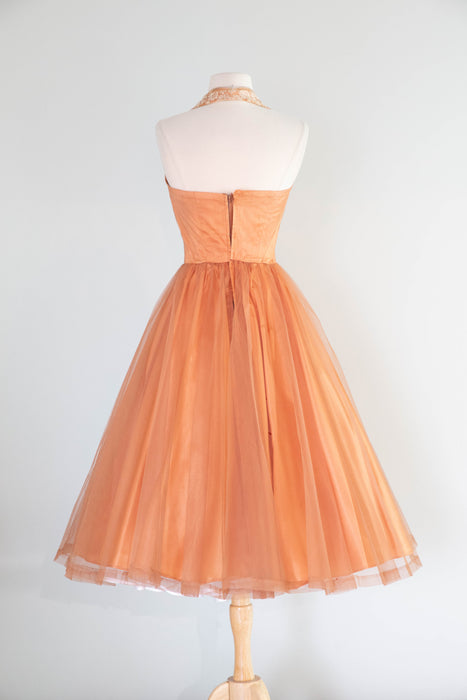 Breathtaking 1950's Couture Cocktail Halter Dress In Satin & Imported Lace / SM