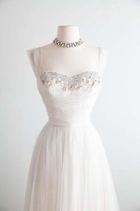 Exquisite 1950's Ivory Formal Wedding Dress With Embellished Bodice / XS