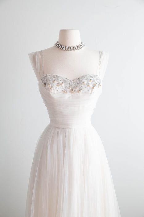 Exquisite 1950's Ivory Formal Wedding Dress With Embellished Bodice / XS