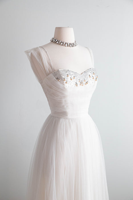 Exquisite 1950's Ivory Formal Wedding Dress With Embellished Bodice / XS