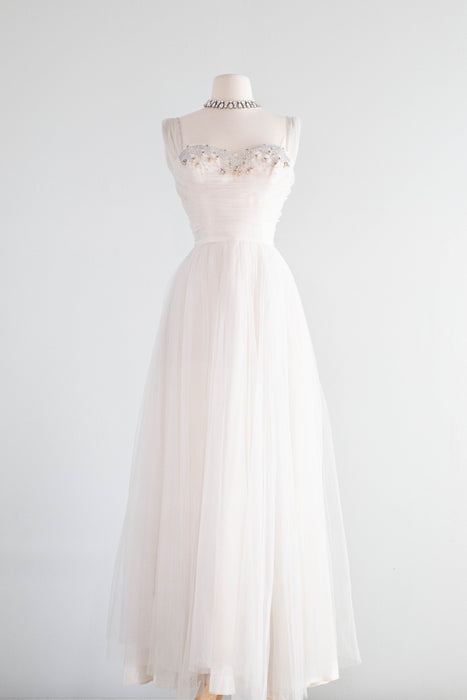 Exquisite 1950's Ivory Formal Wedding Dress With Embellished Bodice / XS
