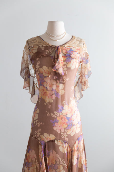 Ethereal Late 1920's Silk Chiffon Floral Print Flapper Dress / S