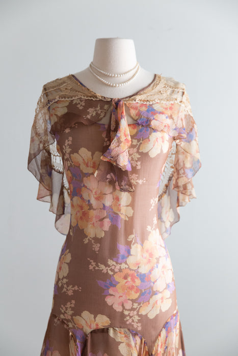 Ethereal Late 1920's Silk Chiffon Floral Print Flapper Dress / S