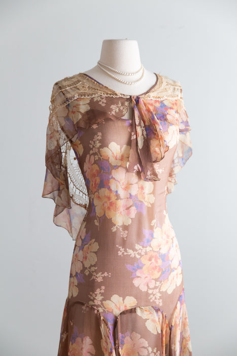 Ethereal Late 1920's Silk Chiffon Floral Print Flapper Dress / S