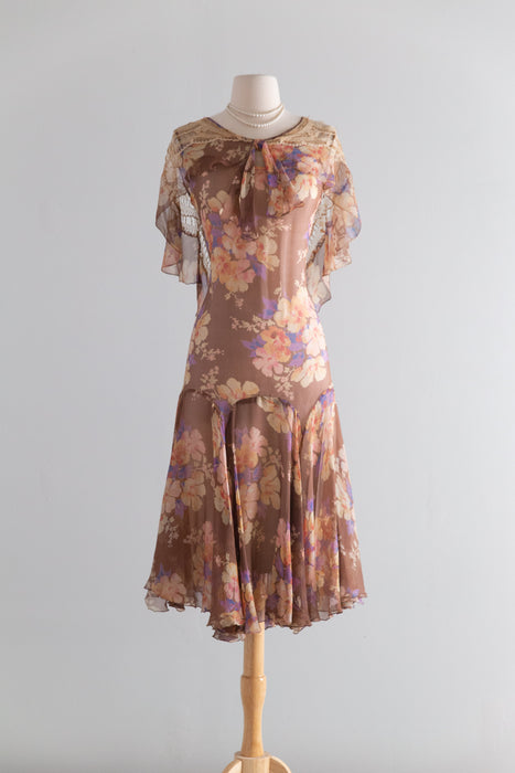 Ethereal Late 1920's Silk Chiffon Floral Print Flapper Dress / S