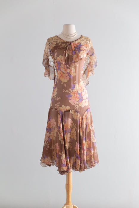 Ethereal Late 1920's Silk Chiffon Floral Print Flapper Dress / S