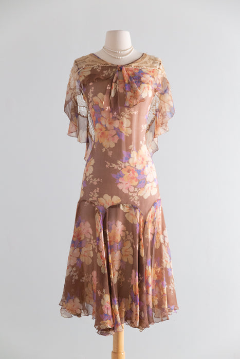 Ethereal Late 1920's Silk Chiffon Floral Print Flapper Dress / S