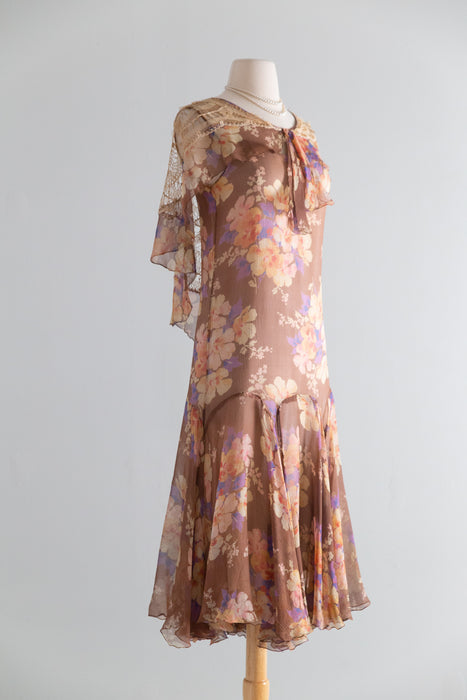 Ethereal Late 1920's Silk Chiffon Floral Print Flapper Dress / S