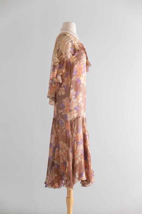 Ethereal Late 1920's Silk Chiffon Floral Print Flapper Dress / S
