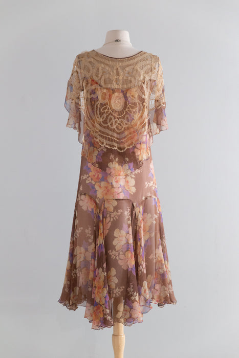 Ethereal Late 1920's Silk Chiffon Floral Print Flapper Dress / S