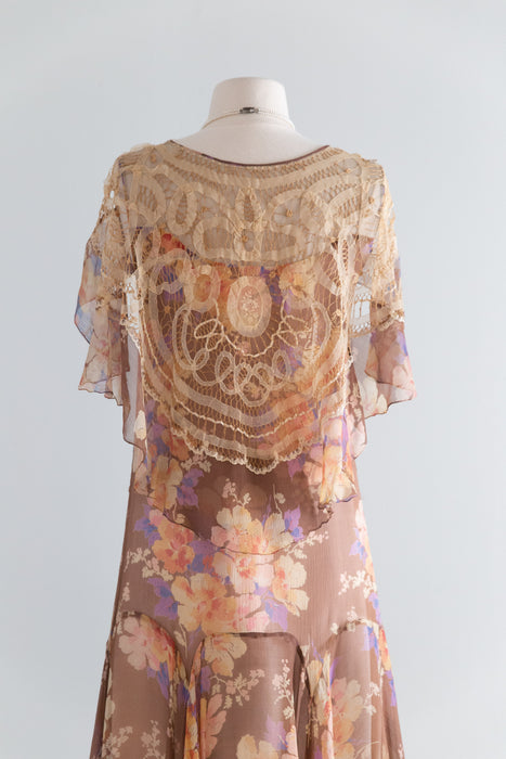 Ethereal Late 1920's Silk Chiffon Floral Print Flapper Dress / S