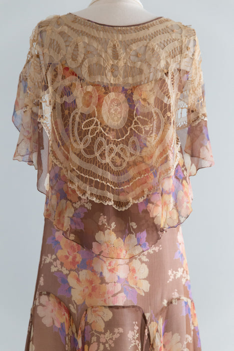 Ethereal Late 1920's Silk Chiffon Floral Print Flapper Dress / S