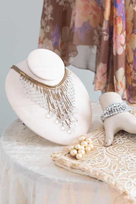 COVETED Brass Book-Chain Fringe Statement Necklace with Crystal Bead Waterfall, c. 1950s