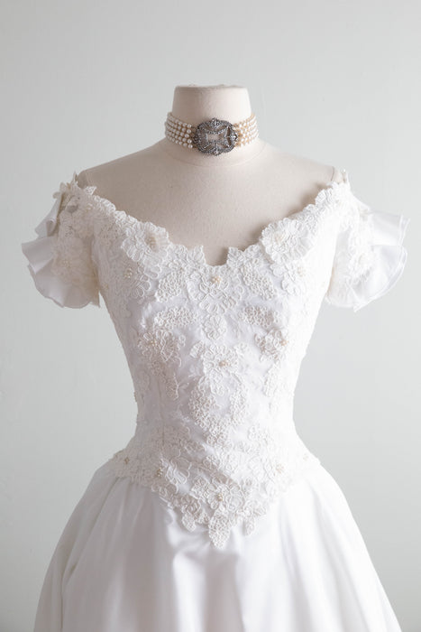 Romantic Early 1980's Off The Shoulder Wedding Gown By Bianchi / SM