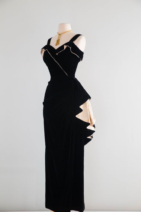 Glamorous 1950's Old Hollywood Black Velvet Evening Gown By De Michael / S