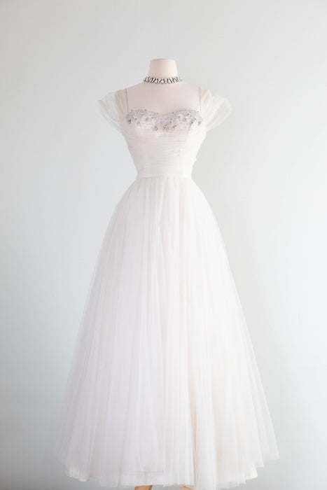 Exquisite 1950's Ivory Formal Wedding Dress With Embellished Bodice / XS