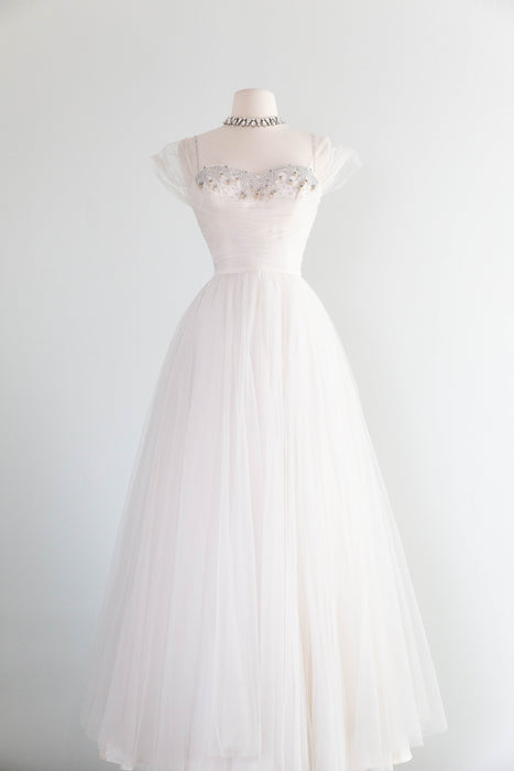 Exquisite 1950's Ivory Formal Wedding Dress With Embellished Bodice / XS