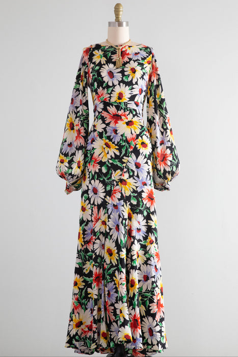 Gorgeous 1930's Rainbow Daisy Print Silk Bias Cut Gown With Bishop Sleeves / Small