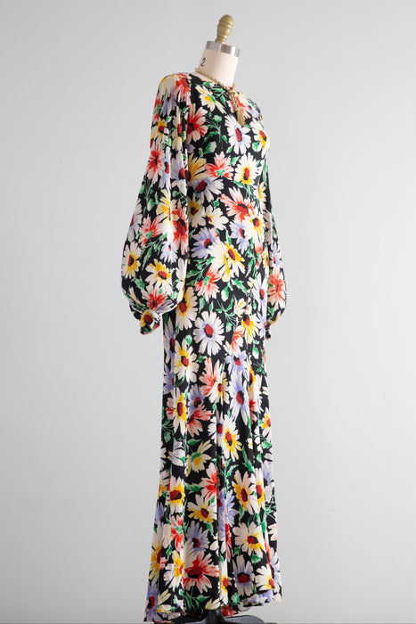 Gorgeous 1930's Rainbow Daisy Print Silk Bias Cut Gown With Bishop Sleeves / Small