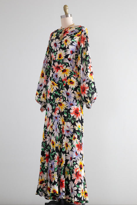 Gorgeous 1930's Rainbow Daisy Print Silk Bias Cut Gown With Bishop Sleeves / Small