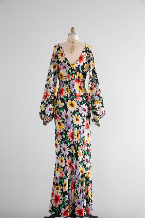 Gorgeous 1930's Rainbow Daisy Print Silk Bias Cut Gown With Bishop Sleeves / Small