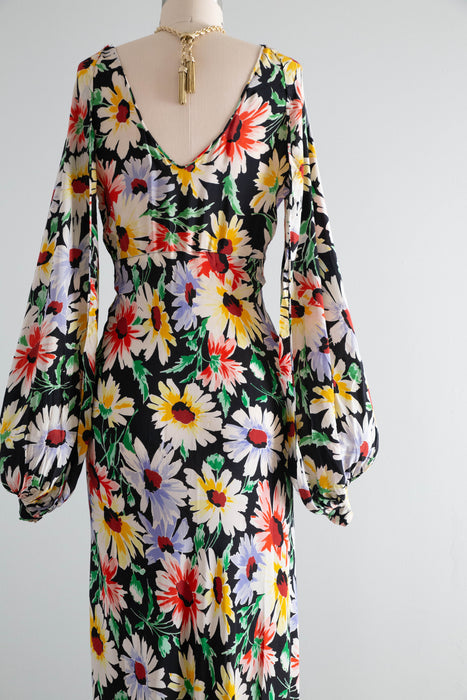 Gorgeous 1930's Rainbow Daisy Print Silk Bias Cut Gown With Bishop Sleeves / Small