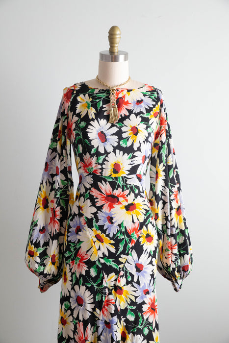 Gorgeous 1930's Rainbow Daisy Print Silk Bias Cut Gown With Bishop Sleeves / Small