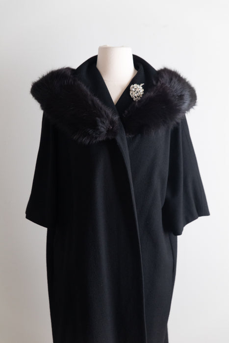 Glamorous 1950's Black Wool Cocoon Coat With Fur Collar / M