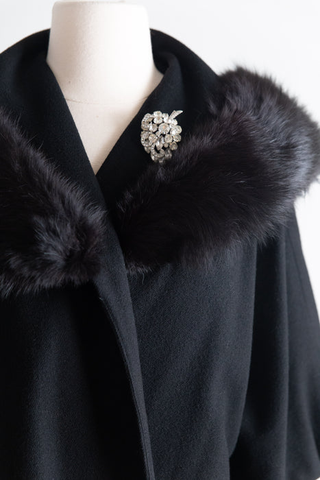 Glamorous 1950's Black Wool Cocoon Coat With Fur Collar / M