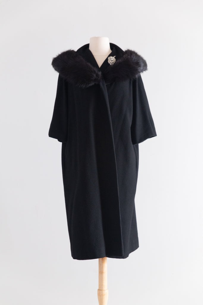 Glamorous 1950's Black Wool Cocoon Coat With Fur Collar / M