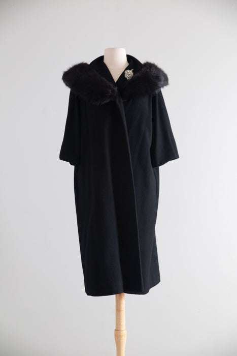 Glamorous 1950's Black Wool Cocoon Coat With Fur Collar / M