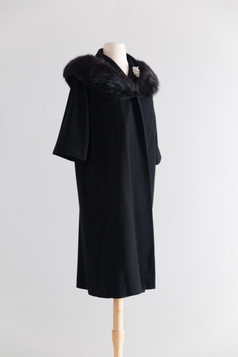 Glamorous 1950's Black Wool Cocoon Coat With Fur Collar / M