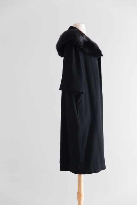 Glamorous 1950's Black Wool Cocoon Coat With Fur Collar / M