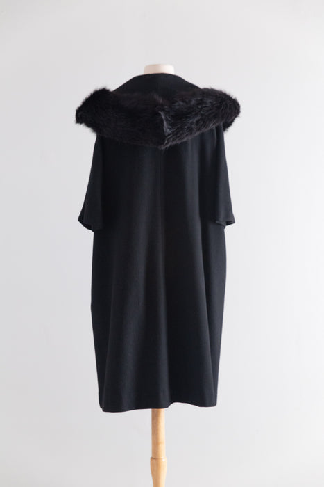 Glamorous 1950's Black Wool Cocoon Coat With Fur Collar / M