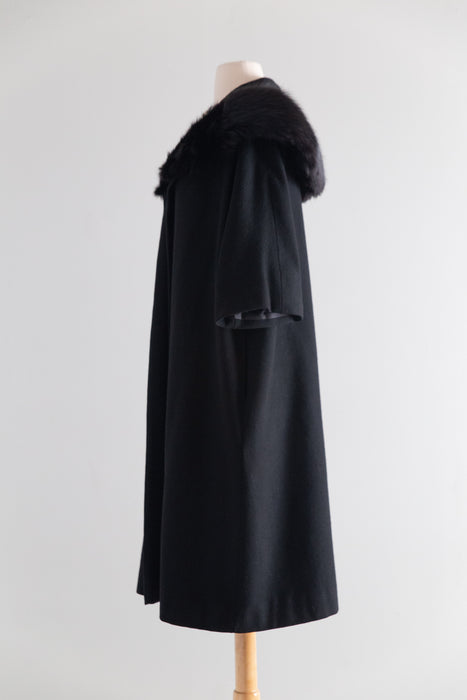 Glamorous 1950's Black Wool Cocoon Coat With Fur Collar / M
