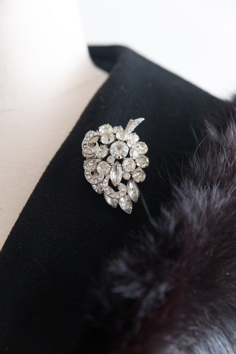 Glamorous 1950's Black Wool Cocoon Coat With Fur Collar / M