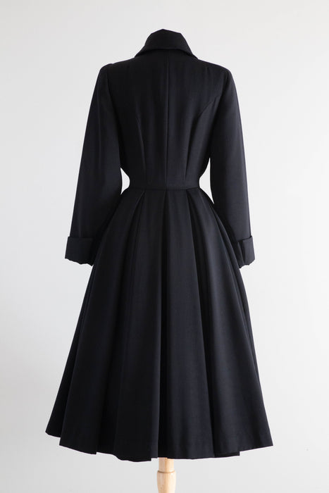 Spectacular Early 1950's New Look Princess Coat In Black Wool Gabardine By Julliard / Medium