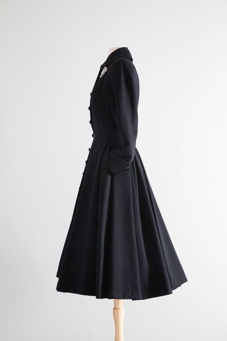 Spectacular Early 1950's New Look Princess Coat In Black Wool Gabardine By Julliard / Medium