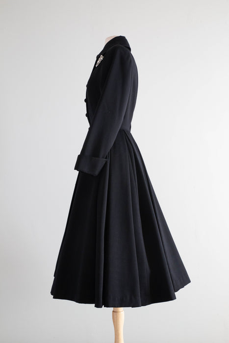 Spectacular Early 1950's New Look Princess Coat In Black Wool Gabardine By Julliard / Medium