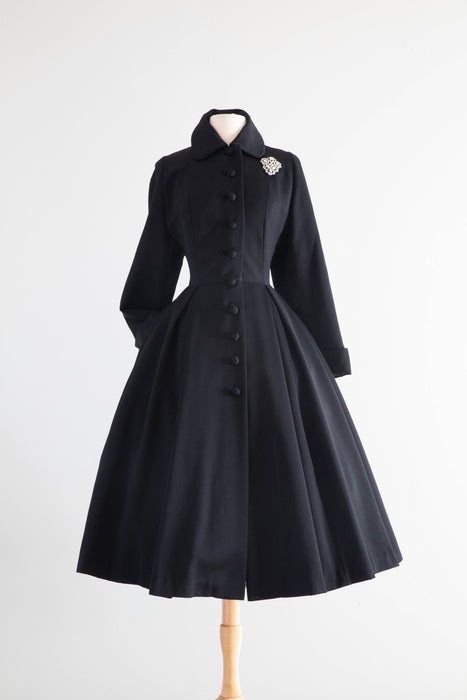 Spectacular Early 1950's New Look Princess Coat In Black Wool Gabardine By Julliard / Medium