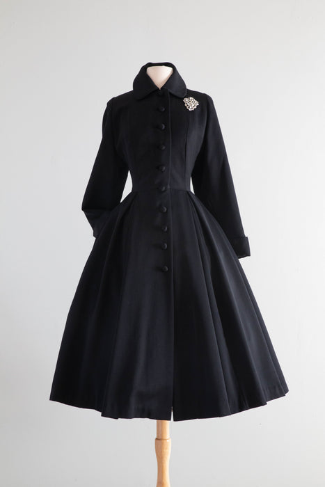 Spectacular Early 1950's New Look Princess Coat In Black Wool Gabardine By Julliard / Medium