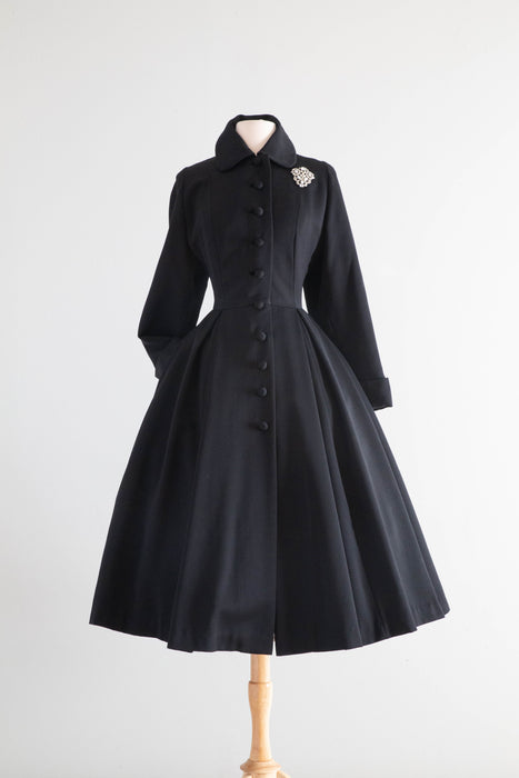 Spectacular Early 1950's New Look Princess Coat In Black Wool Gabardine By Julliard / Medium