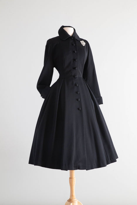 Spectacular Early 1950's New Look Princess Coat In Black Wool Gabardine By Julliard / Medium