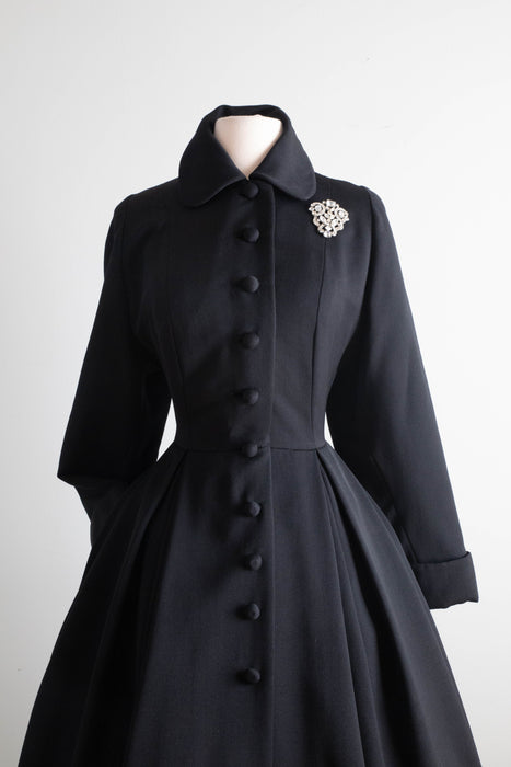 Spectacular Early 1950's New Look Princess Coat In Black Wool Gabardine By Julliard / Medium