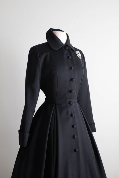 Spectacular Early 1950's New Look Princess Coat In Black Wool Gabardine By Julliard / Medium