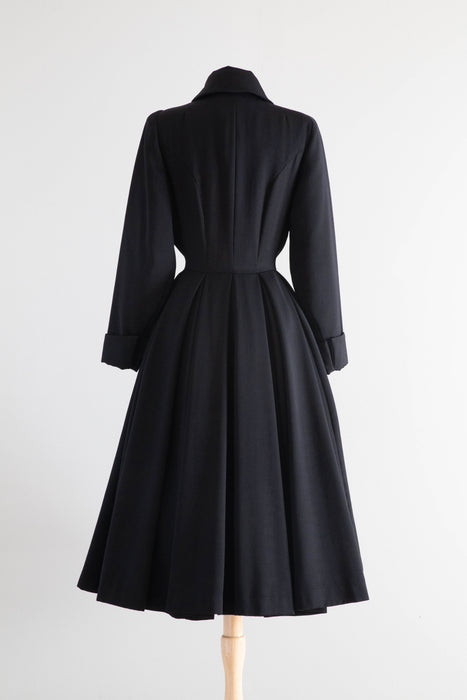 Spectacular Early 1950's New Look Princess Coat In Black Wool Gabardine By Julliard / Medium