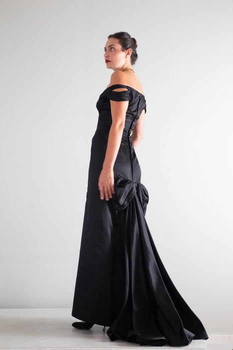 Iconic 1950's Black Silk Satin Couture Evening Gown By Philip Hulitar / Small