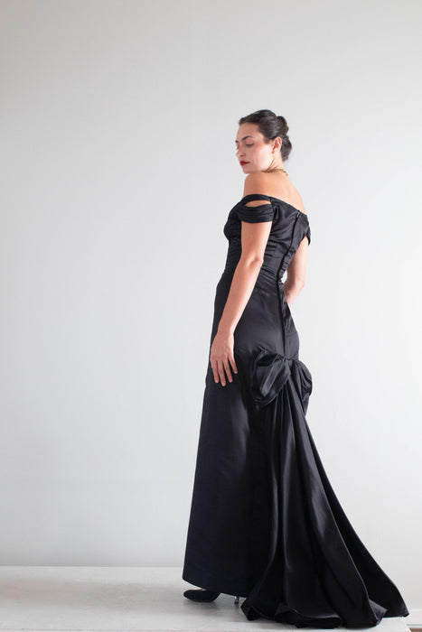 Iconic 1950's Black Silk Satin Couture Evening Gown By Philip Hulitar / Small