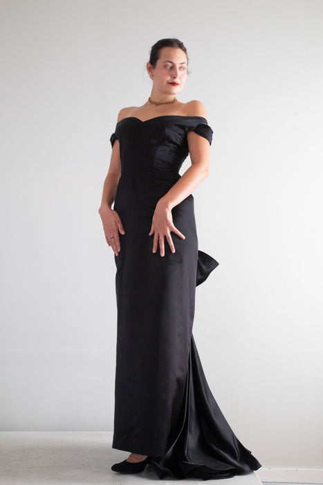 Iconic 1950's Black Silk Satin Couture Evening Gown By Philip Hulitar / Small